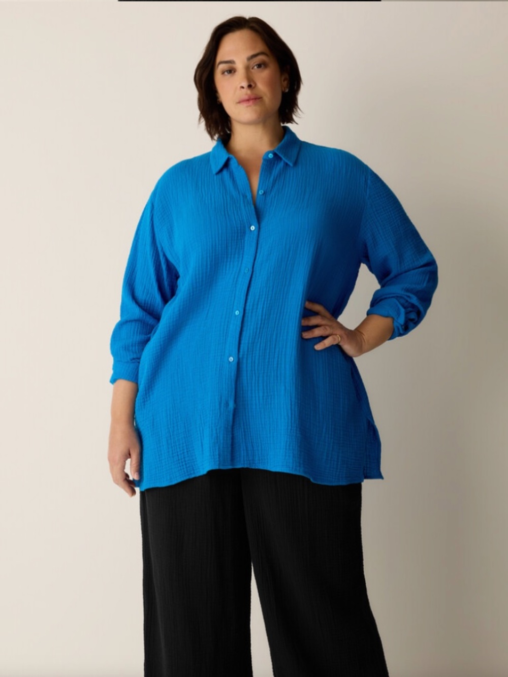 Eileen Fisher Organic Cotton Lofty Gauze Classic Collar Shirt Blue Ibiza Large